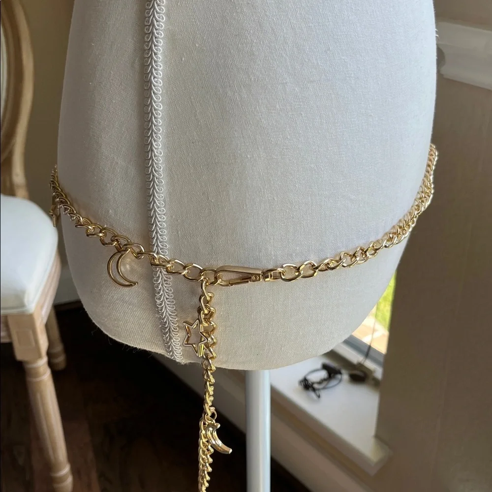 Gold Tone Chain Belt with Star and Moon Charms Celestial